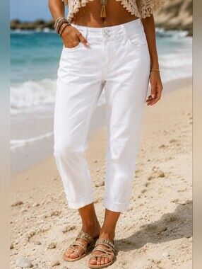 Kut Amy 16 Cropped Boho Frayed Cuff White Stretch Denim Ankle Relaxed Jeans New